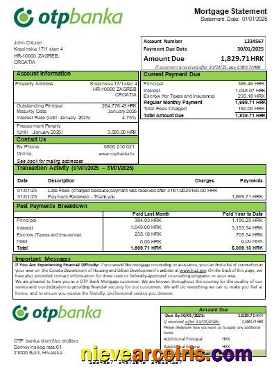 Croatia OTP Bank mortgage statement